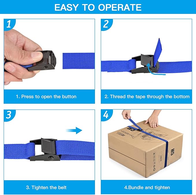 Tie Down Straps 4 Pcs Cam Buckle Strap 8.2' x 1" Adjustable Lashing Cinch Ratchet Tie-Down Straps for Cargo, Trucks, Luggage, Trailer, Motorcycle (Blue)