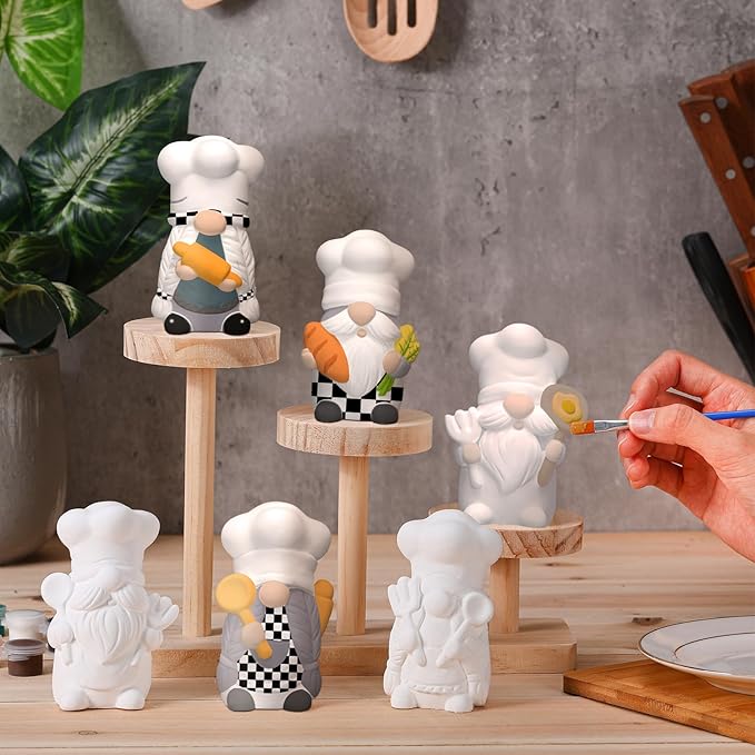 Eersida 6 Sets Christmas Chef Ceramics to Paint Black and White Chef Gnome Ready to Paint Your Own Ceramic Xmas Statue DIY Unpainted Ceramic Paintable Christmas Figurines Kit Crafts with Brush Palette