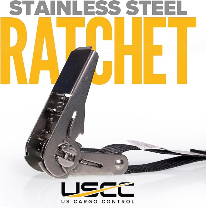 US Cargo Control Stainless Steel Ratchet Straps with Double Wire Hooks (45-Pack), 1" x 10', 1,500 LBS Break Strength, Marine Tie Down Straps for Boats, ATVs, Camping, Snow, Saltwater Applications