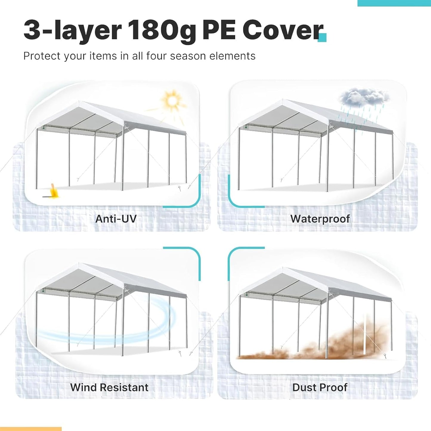 Upgraded Carport Replacement Canopy Cover for 10’ x 20‘ Car Tent Top Garage Shelter Cover Tarp with Ball Bungees (Only Top Cover, Frame Not Include) White