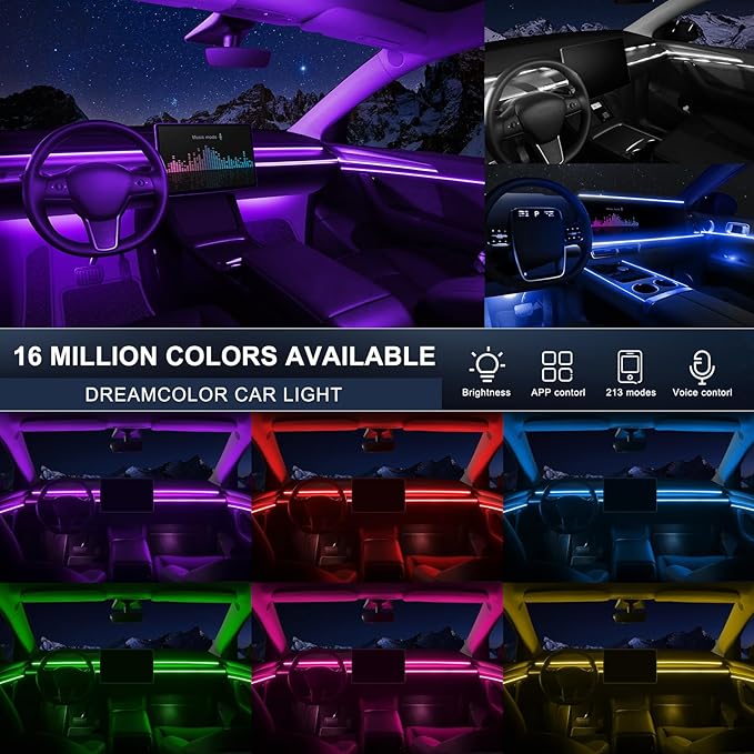 Acrylic Interior Car LED Strip Light with Wireless APP, RGB 18 in 1 with 175 inches 593 LEDs Fiber Optic Ambient Lighting Kits, 16 Million Colors Sound Active Function Car Neon Lights
