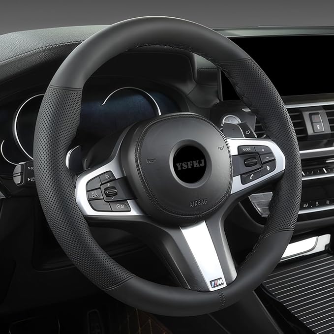 Black Leather Steering Wheel Cover, Stitch On Wrap, Breathable Cowhide Car Steering Wheel Cover, Standard Size 15 Inch (Type B)