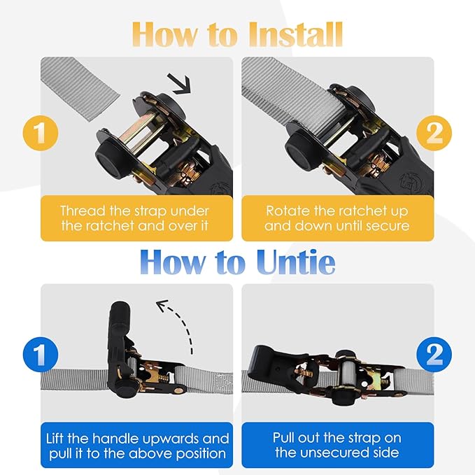 Ratchet Straps 4 Pack - 1,826 Lbs Break Strength 1 in x 15 Ft Medium Duty Ratchet Tie Down Straps with S Hooks Set for Truck, Cargo Van, Trailer, Motorcycle (Grey)