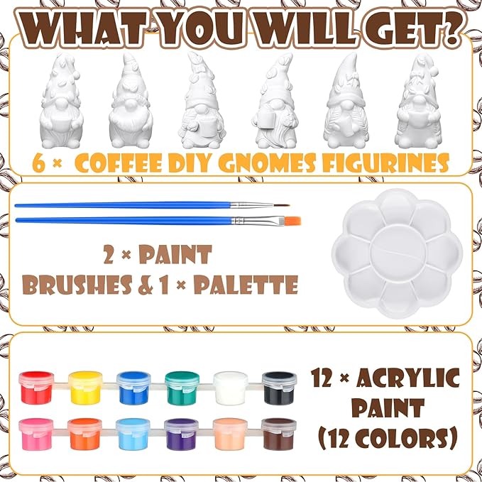 Eersida 6 Sets Coffee Gnome Ceramics to Paint Ready to Paint Your Own Ceramic Coffee Gnome Statues DIY Unpainted Ceramics Paintable Figurines Kit Crafts with Brush Palette Christmas