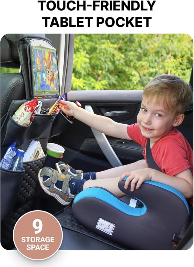 Owleys Back Seat Car Organizer for Kids, Front Passenger Caddy, Center Row Vehicle Storage with Pockets – Premium Eco Leather, 8 Compartments, Black Travel Accessory for SUV, Truck, Sedan, Van, Jeep