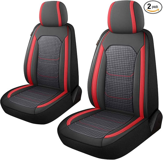 CAROMOP Premium PU Leather&Flannel Car Seat Covers 2 Front Set with Breathable Cloth,Universal Fit for Most Car Interior Covers-Sedan Truck SUV(Black/Red)