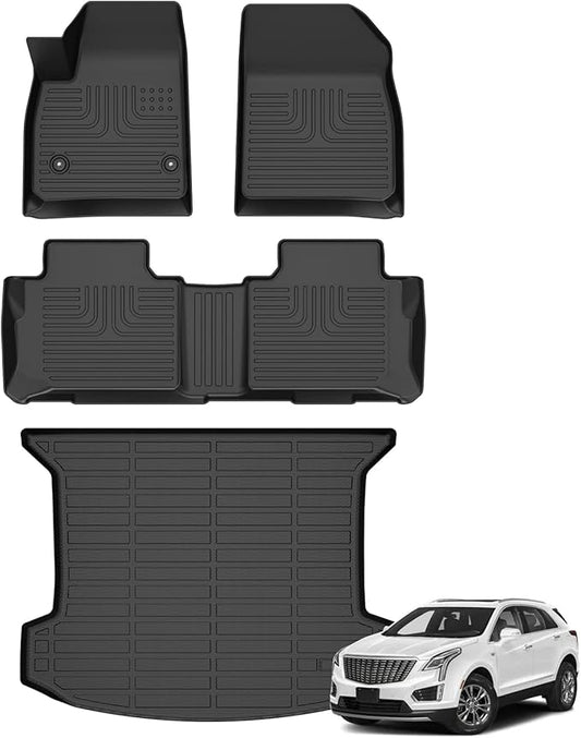 Floor Mats & Cargo Liner for Cadillac XT5 2017-2024 2025 All Weather Automotive TPE Liners Set Anti-Slip Waterproof Floor Liners Accessories (Car Mats+Trunk Mat) Black