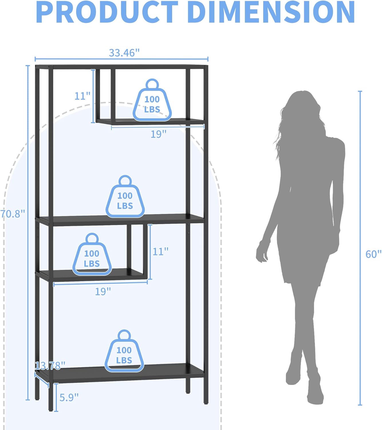 Metal Storage Shelves, 70.9” Tall Geometric Bookshelf, Floor Standing Display Shelving Unit Home Decor Furniture for Office, Bedroom, Living Room, Easy Assembly, Black