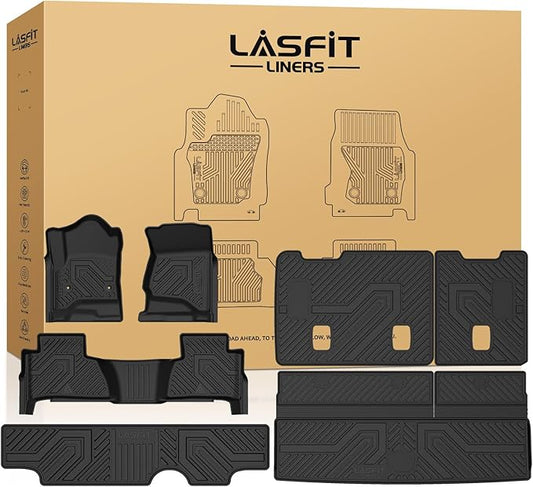 LASFIT Floor Mats & Cargo Liner 2015-2020 & Only 7/8 Seats (Not for 9 Seats) for Chevrolet Chevy Tahoe/GMC Yukon(Only Yukon, Not Fit Yukon XL), All Weather TPE Custom Fit Car Floor Liners