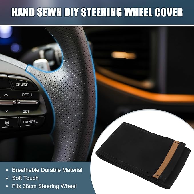 Car Hand Sewn DIY Steering Wheel Cover Breathable Comfortable 38cm Stitch on Wrap Cover Suede Brown Black Stitches Black
