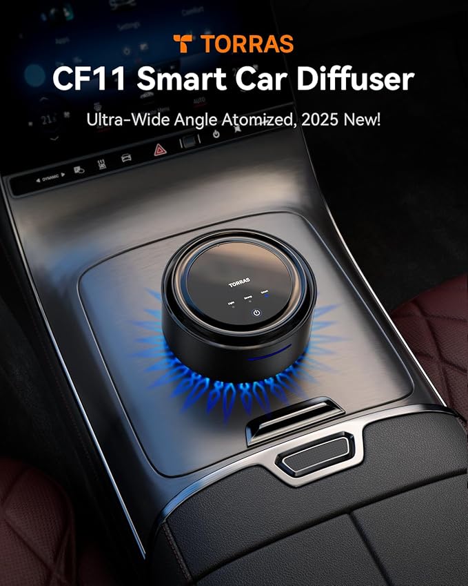 TORRAS Smart Car Air Freshener, Ultra-wide Ultrasonic Atomization Car Freshener, Blue Ambient Light, AUTO On/Off, Adjustable Mode, Natural fragrance, Bamboo Forest Scent