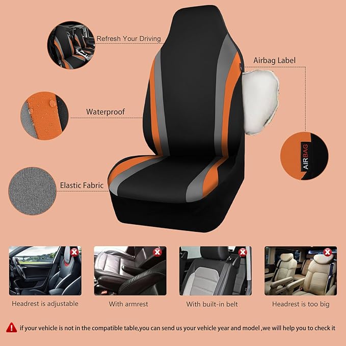 CAR PASS AquaShield Neoprene Waterproof Car Seat Covers Front Seats Only, High Back Bucket Seat Cover,Airbag Compatible,Seat Covers for Women Girl, Universal Fit for Auto Truck Van SUV (Black Orange)