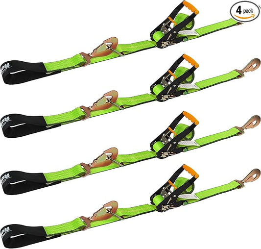 Heavy Duty 4 Pack Axle Tie Down Straps for Trailers-2" x 114" Car Hauler Straps with Snap Hooks-10,000 lbs Break Strength, 3300 lbs Capacity - DOT Certified Wheel Ratchet Tie Downs (Green)
