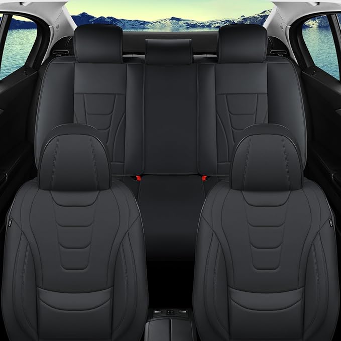 Car Seat Covers for Full Set – Waterproof & Breathable Faux Nappa Leather, 360° Wrap Design, Airbag Compatible, Lumbar Support, Perfect for Drivers With Back Pain From Sitting Too Long – Black