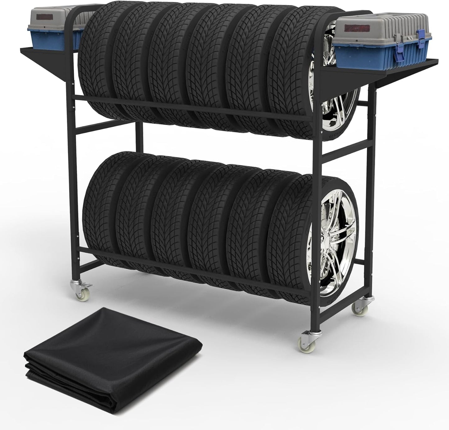 Tire Storage Rack 57" x 55.1" x 20" w/Anti-dust Cover, Adjustable Rolling Tire Rack for Garage Black w/4 Swivel Casters & 2 Storage Shelf for Garage Storage