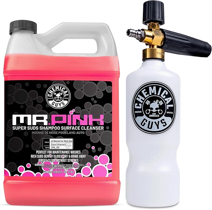 Chemical Guys CWS_402 Mr. Pink Super Suds Shampoo & Superior Surface Cleaning Soap, 128 fl oz (1 Gallon) + HOL144 TORQ Foam Cannon Snow Foamer , Works With Pressure Washer (2 Items)