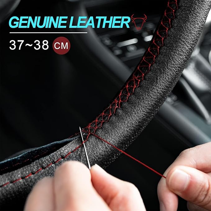 AUTOXBERT 38cm/15 Genuine Leather DIY Steering Wheel Cover Soft Hand Sewing On Wrap Cover with Needles Thread fit for VW Ford Nissan Kia Vauxhall