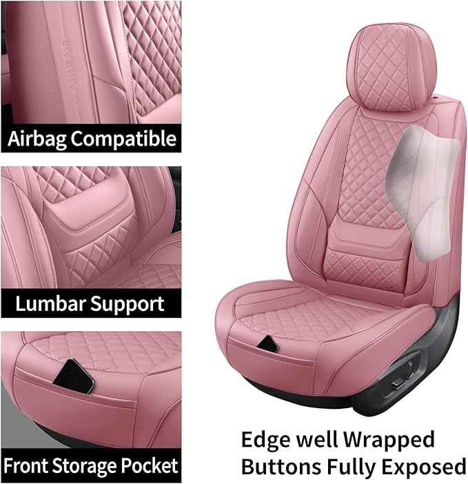 Leather Car Seat Covers Full Set Breathable Automotive Seat Covers Waterproof Seat Protectors Universal Fit for Most Automotive Cars SUV Trucks Van (Pink, Full Set)
