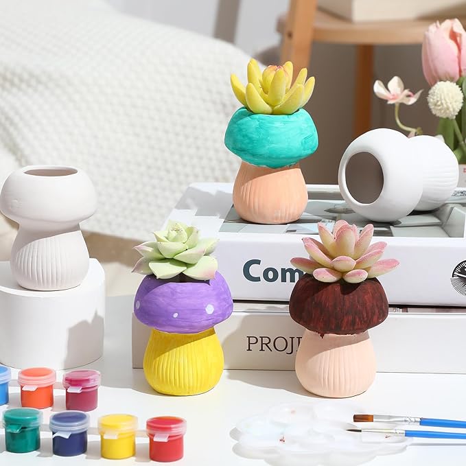 Pasimy 6 Set DIY Ceramic Succulent Planter Pots Paint Your Own Flower Pots Craft Kit Unpainted Bisque Paintable Flowerpot with Brush Palette Ready to Paint for Family Activity Gift(Mushroom)