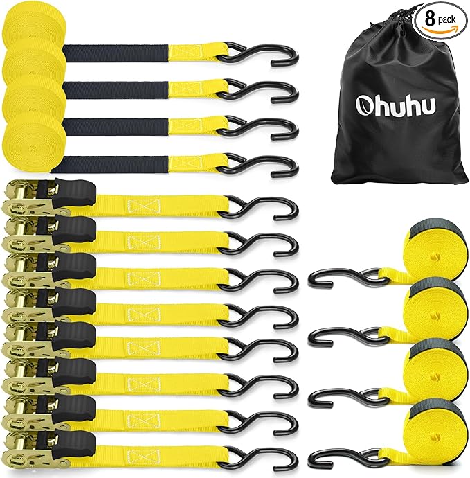 Ratchet Tie Down Strap 15 Ft - 500 lbs Load Cap with 1500 lbs Breaking Limit, Ohuhu Ratchet Tie Downs Logistic Cargo Straps for Moving Appliances, Motorcycle (Yellow, 8-Pack)