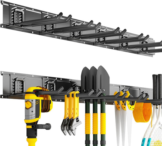Garage Organization Tool Organizer Wall Mount, 48inch Heavy Duty Garden Tool organizer Storage System, Easy Install With 6 Adjustable Straight Hooks, For Garage, Basement, Shed, Workshop(Black)