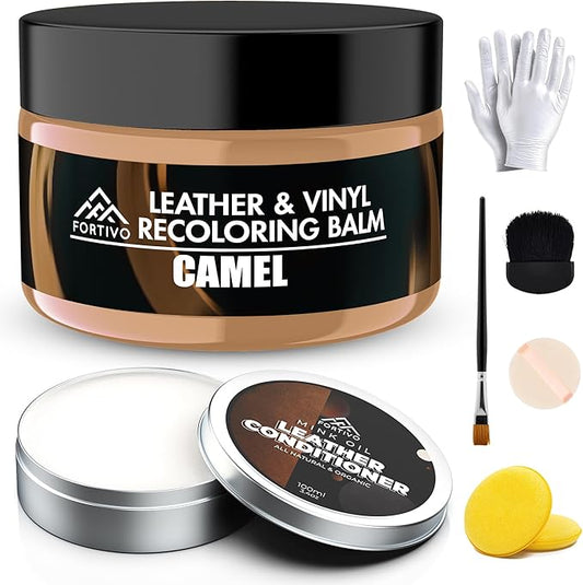 FORTIVO Leather Recoloring Balm with Mink Oil, Couch Repair Kit, Leather Dye and Restorer for Furniture - Light Tan