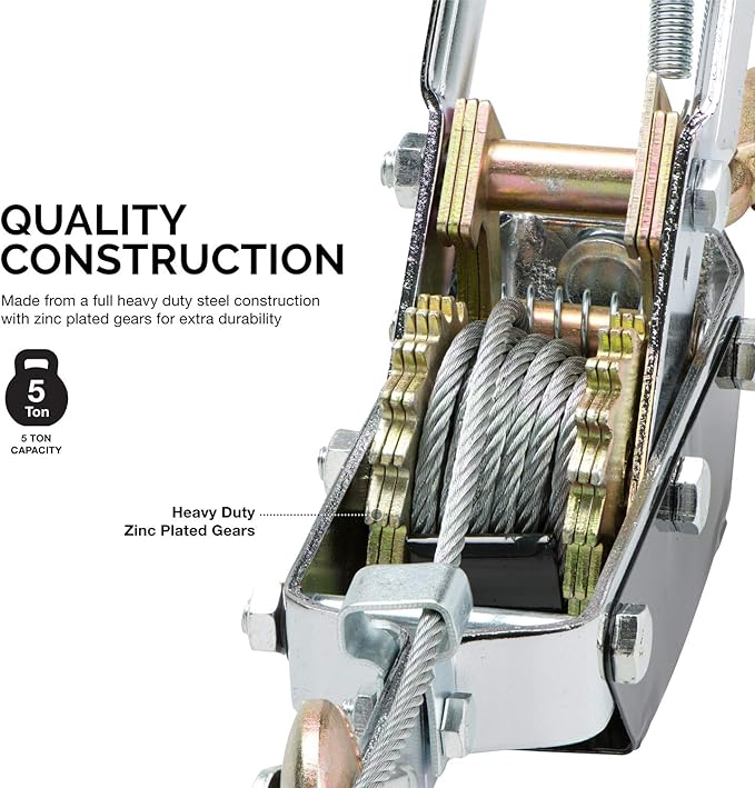 NEIKO 02256A Come Along Winch, 5-Ton (10,000 Lbs) Pulling Capacity, 10Ft, 3 Hook, Heavy Duty Power Cable Come Along Tool with Dual Gears, Hand Winch Cable, Automotive Hoist Winch Puller, Recovery Gear