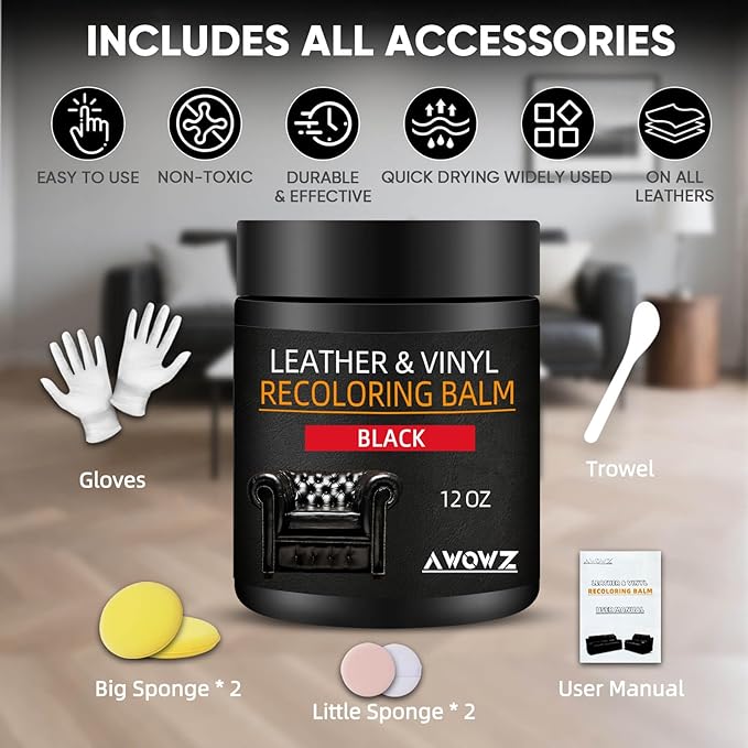 Leather Recoloring Balm - Scratch Repair & Color Restore Kit for Faded Leather, Leather Couch & Car Seats - 12OZ Leather Restorer Balm for Furniture, Auto Interior, Vinyl, Accessories (Black)