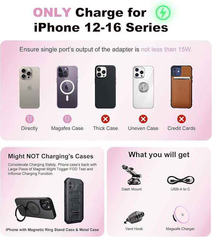 for MagSafe Car Mount Charger Dash/Windshield/Vent Wireless Car Charger with [LED Light], Magnetic Phone Holder for Car for iPhone 17 16 15 14 13 12 Series, Fit MagSafe Accessories (Pink)