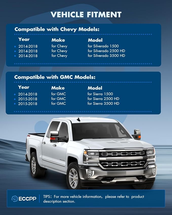 ECCPP Towing Mirrors Tow Mirrors With 2014-2020 For Chevy Silverado For GMC Sierra 1500/2500/3500 HD Power Adjusted Heated Led Turn Signal Width Light Chrome Pickup Truck