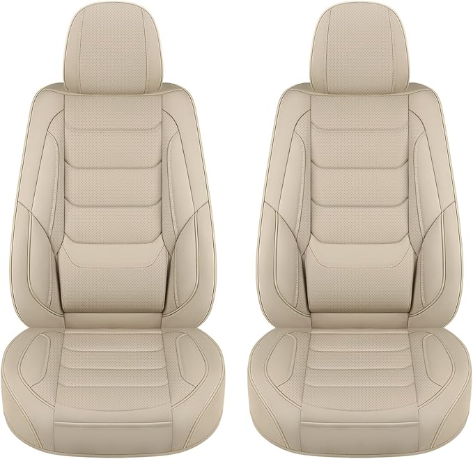 Leather Front Car Seat Covers Breathable Seat Covers Waterproof Seat Protectors Universal Fit for Most Automotive Cars SUV Trucks Van (Beige, Front Pair)