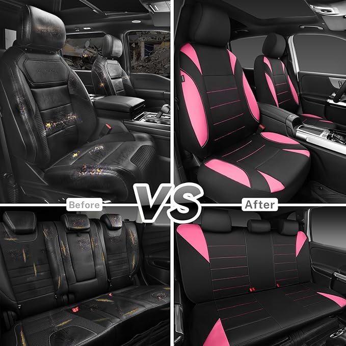 CAR PASS Waterproof Car Seat Covers Full Sets, Universal Fit Seat Covers for Cars, EVA Neoprene Seat Cover Set Full Sets, Interior Covers for Auto SUV,Vans,sedans, Trucks,(Black Pink)