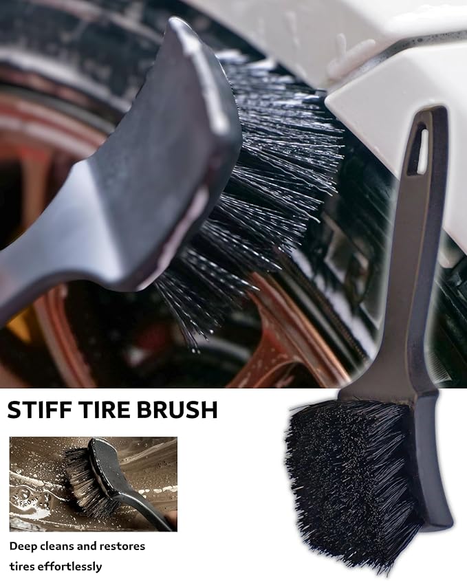 PRO Choice 4 Pack Long Handle Wheel Brush Kit for Cleaning Wheel and Tire- 2X Soft Wheel Cleaning Brush, Detailing Brush and Stiff Tire Brush