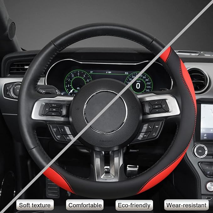 West Llama Car Steering Wheel Cover for Ford Escape,Explorer,Fusion,Focus,Bronco,Transit,Edge(Black+Red- Standard Size)