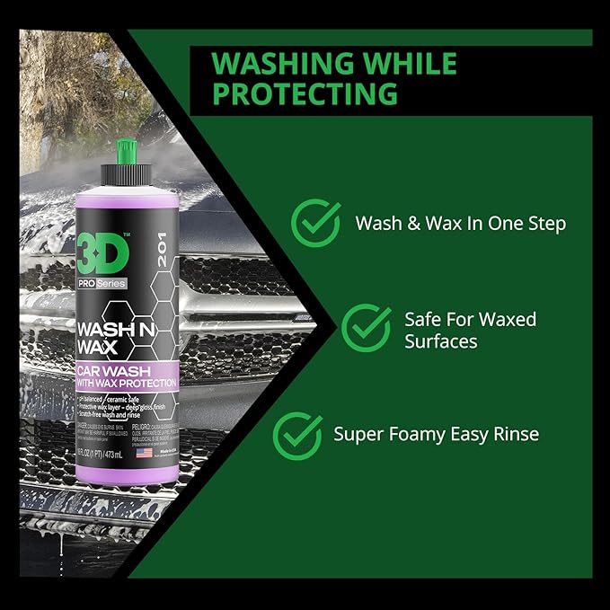 3D Wash N Wax Car Wash Soap - pH Balanced, Easy Rinse, Scratch Free Soap with Wax Protection - 16oz.