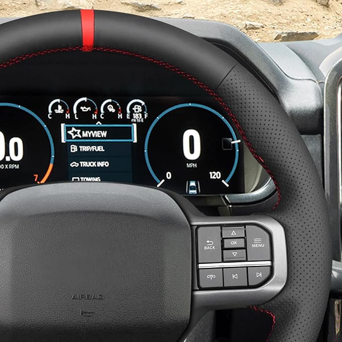 MEWANT DIY Black Genuine Leather Steering Wheel Cover Wrap for Ford F150 Lightning F350 F450 Expedition 2022-2024