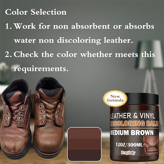 Leather Recoloring Balm Medium Brown Dye Vinyl Car Interior Leather Boat Seat Paint Furniture Couch Recliner Chair Boot Jacket Shoe Bag Purse Belt Color Restorer Fading Stain Scratch Remover Repair