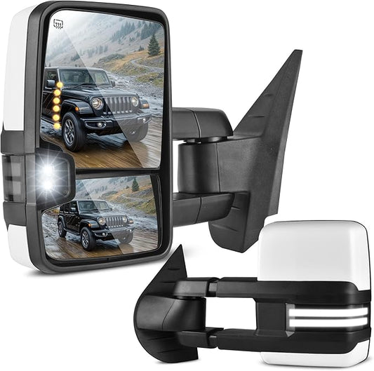 DWVO Towing Mirrors Compatible with 07-13 Silverado Sierra 1500 2500 HD 3500 HD Avalanche Suburban Tahoe Yukon, Turn Signal Light Running Lights Power Heated Manually Folding Switchback White