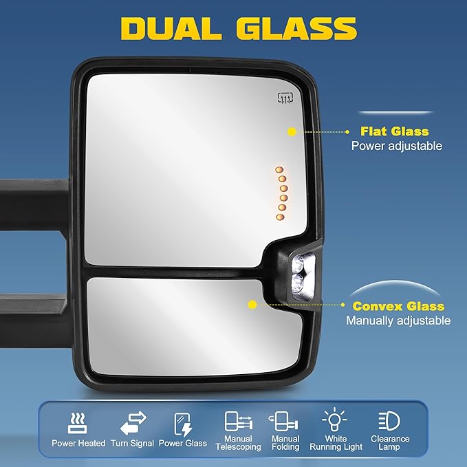 Black Pair Towing Mirrors Power Heated w/White Running Light Sequential Turn light Clearance Lamp Compatible for 99-02 Chevy Silverado Suburban Tahoe GMC Serria Yukon
