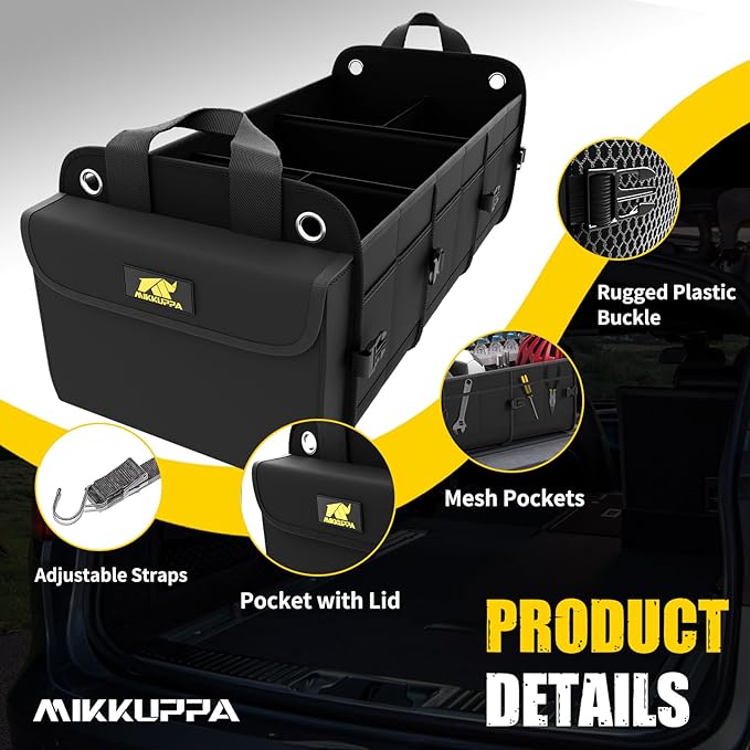 MIKKUPPA Car Trunk Organizer with Cooler - 100L Large Car Organizer, 1680D Oxford Collapsible Suv Trunk Storage with 2 Adjustable Straps for Auto, Truck, Suv (Black)