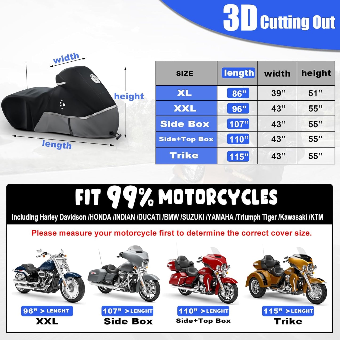 Motorcycle Cover Storage for Touring Models Harley Davidson Road King,Road Glide,Street Glide, Electra Glide,Heritage Classic,Low Rider-ST,and Most Motorcycles Gray