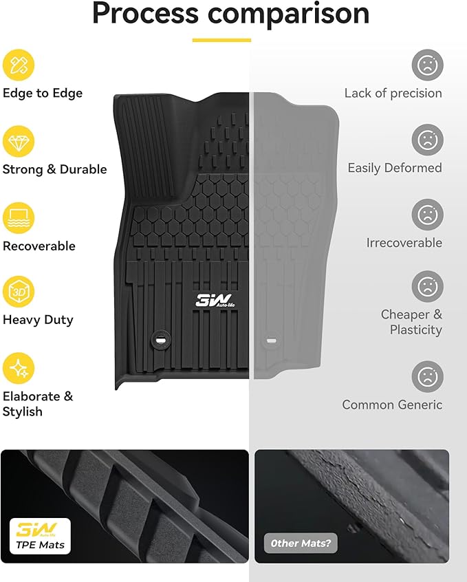 3W Floor Mats Fit for Toyota Tacoma Hybrid 2024 2025 2026, TPE All Weather Custom Fit Floor Liner for Tacoma Accessories 1st and 2nd Row Full Set Car Mats Easy Clean, Black(Only for Hybrid)