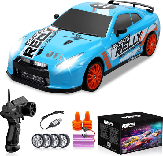 RC Drift Car 2.4GHz 1:24 Scale 4WD Remote Control Car 15KM/H High Speed Drifting RC Cars with Cool Lights, Two Batteries and Extra Tires Toys for Kids Boys Girls Adults, Blue