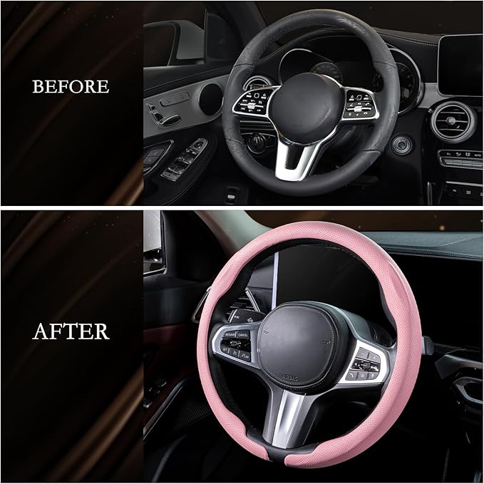 Aimato Nappa Leather Steering Wheel Cover, Ultra-Thin Car Steering Wheel Cover,Comfortable & Breathable Microfiber,Universal Fit for Most Cars,Pink