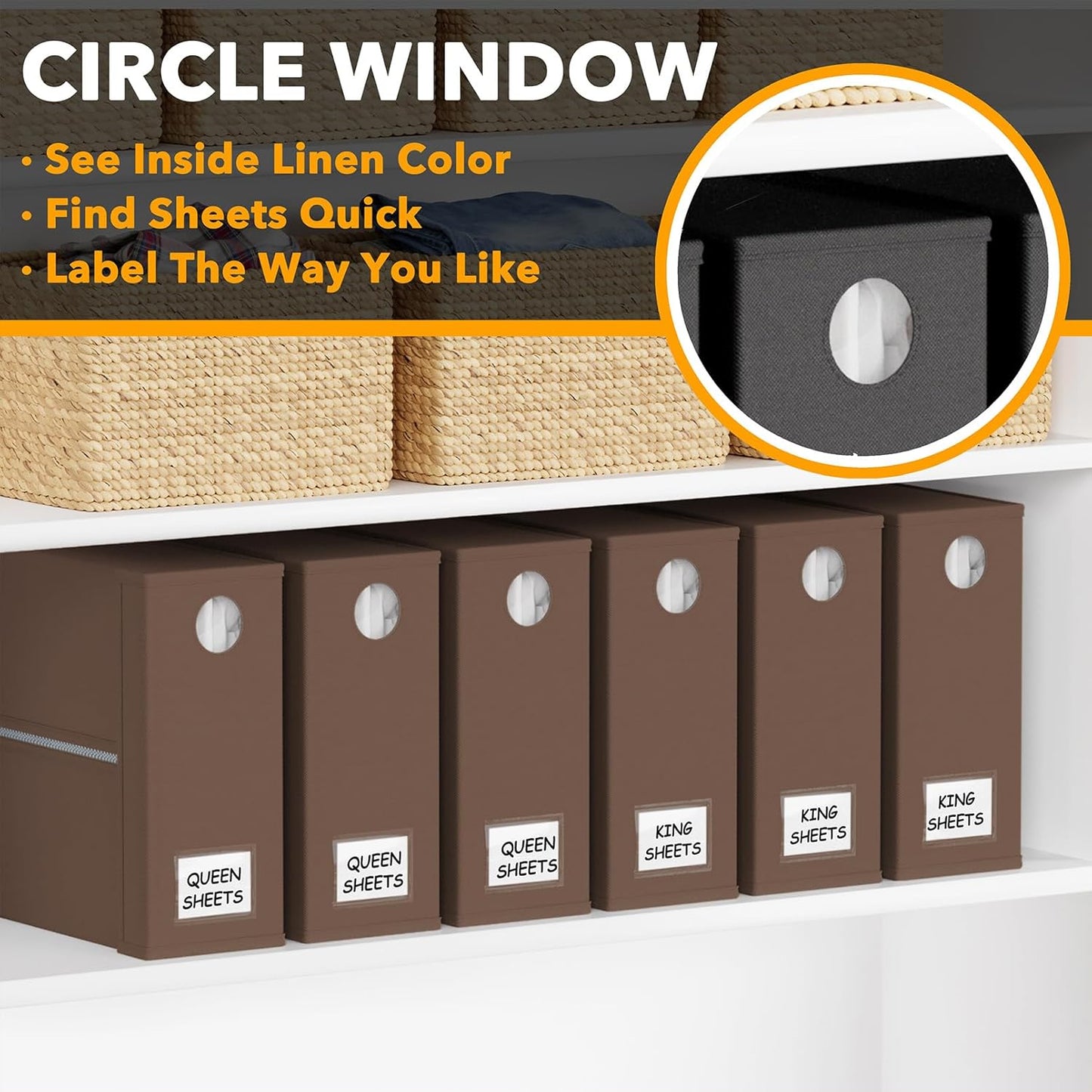 SpaceAid 6 Pack Bed Sheet Organizers and Storage, Foldable Sheet Organizer with Window for Linen Closet, Set Folder Keeper for Queen & King Size Bedding Storage (Brown)