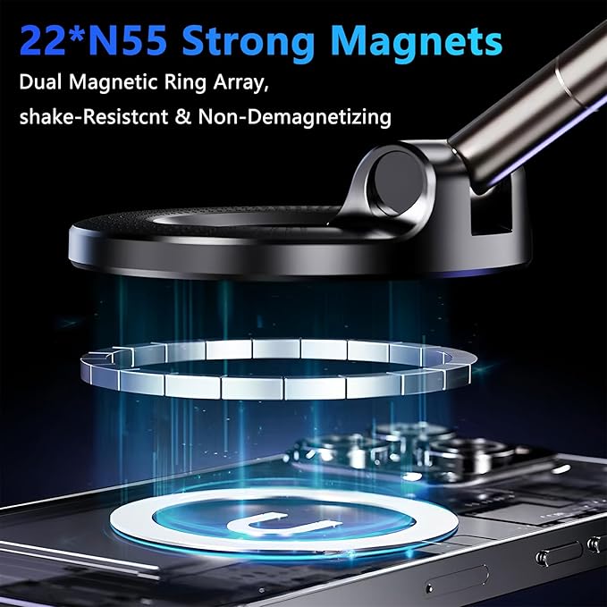 Magnetic Car Phone Holder for Magsafe [96+LBS Suction & 2800gf Magnetic], 360°Adjustable Vacuum Suction Cup Car Phone Mount, Car Mount for iPhone 17 Pro Max 16 15 14 13 12