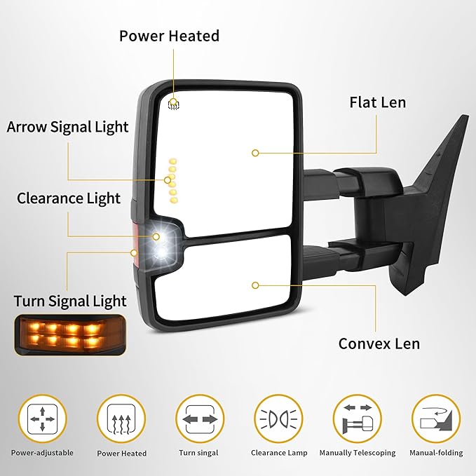 DWVO Towing Mirrors Compatible with 2007-2013 GMC Yukon 2500 Sierra 1500, 2007-2014 Chevy Silverado 1500, Power Heated Extendable with Amber Signal Light Side Mirrors Pair