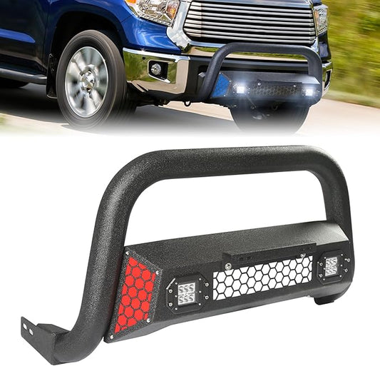 Bull Bar Fit for Toyota Tundra 2007-2021 & Toyota Sequoia 2008-2022 with LED Light & w/License Plate Bracket DIY Paintable Truck Front Bumper Brush Push Bar Front Grille Guard Protector