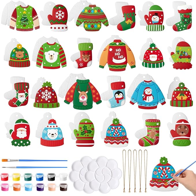Seenelling 24 Sets Christmas DIY Painting Kits Paint Your Own Ceramics DIY Unpainted Plaster Statues Ready to Paint Ceramics Arts and Crafts with Brush for Christmas Gifts Party Decor (Vivid)