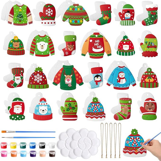 Seenelling 24 Sets Christmas DIY Painting Kits Paint Your Own Ceramics DIY Unpainted Plaster Statues Ready to Paint Ceramics Arts and Crafts with Brush for Christmas Gifts Party Decor (Vivid)